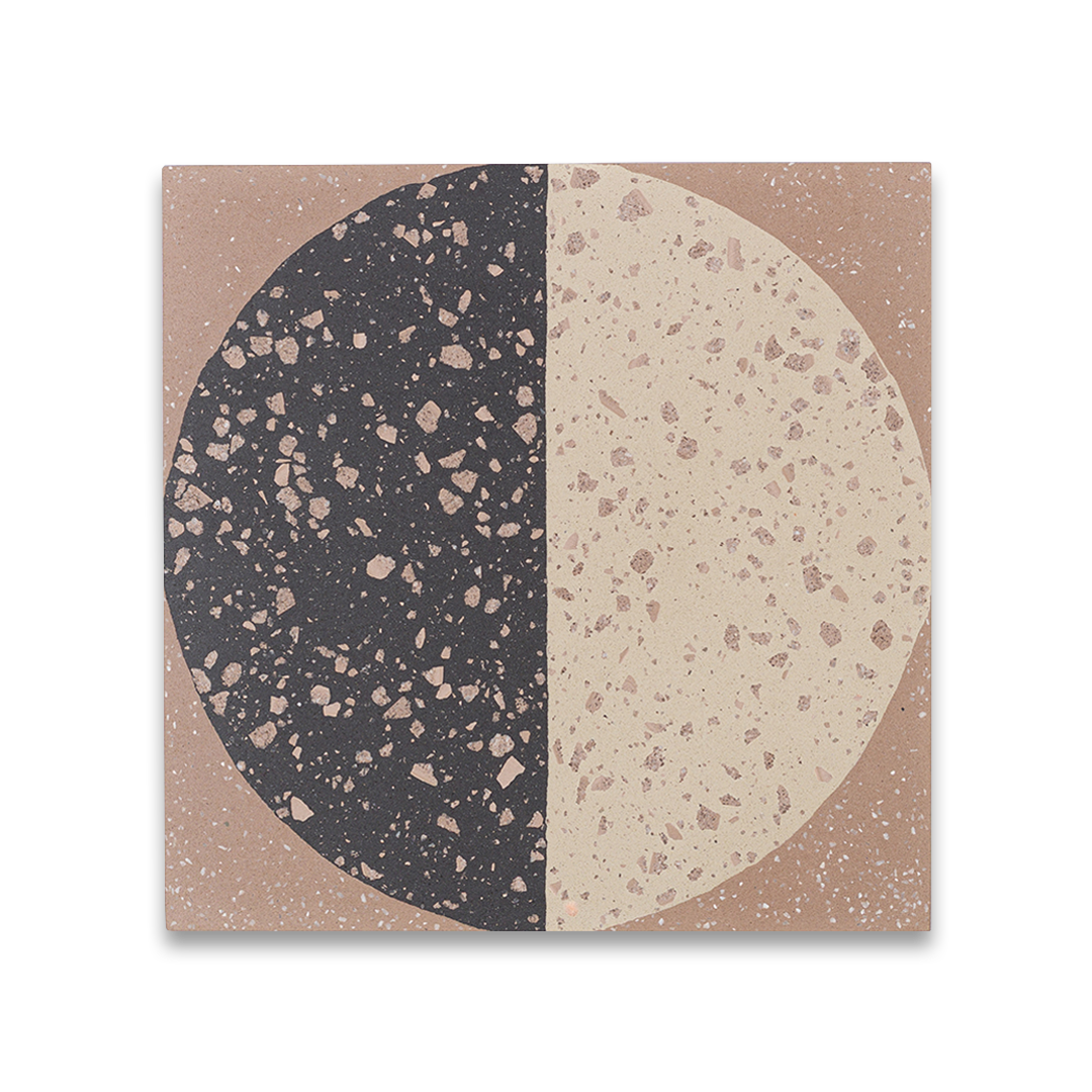 Square cement tile featuring a geometric terrazzo design with a half-black and half-beige circular pattern, showcasing speckled stone textures for modern flooring and wall décor applications.