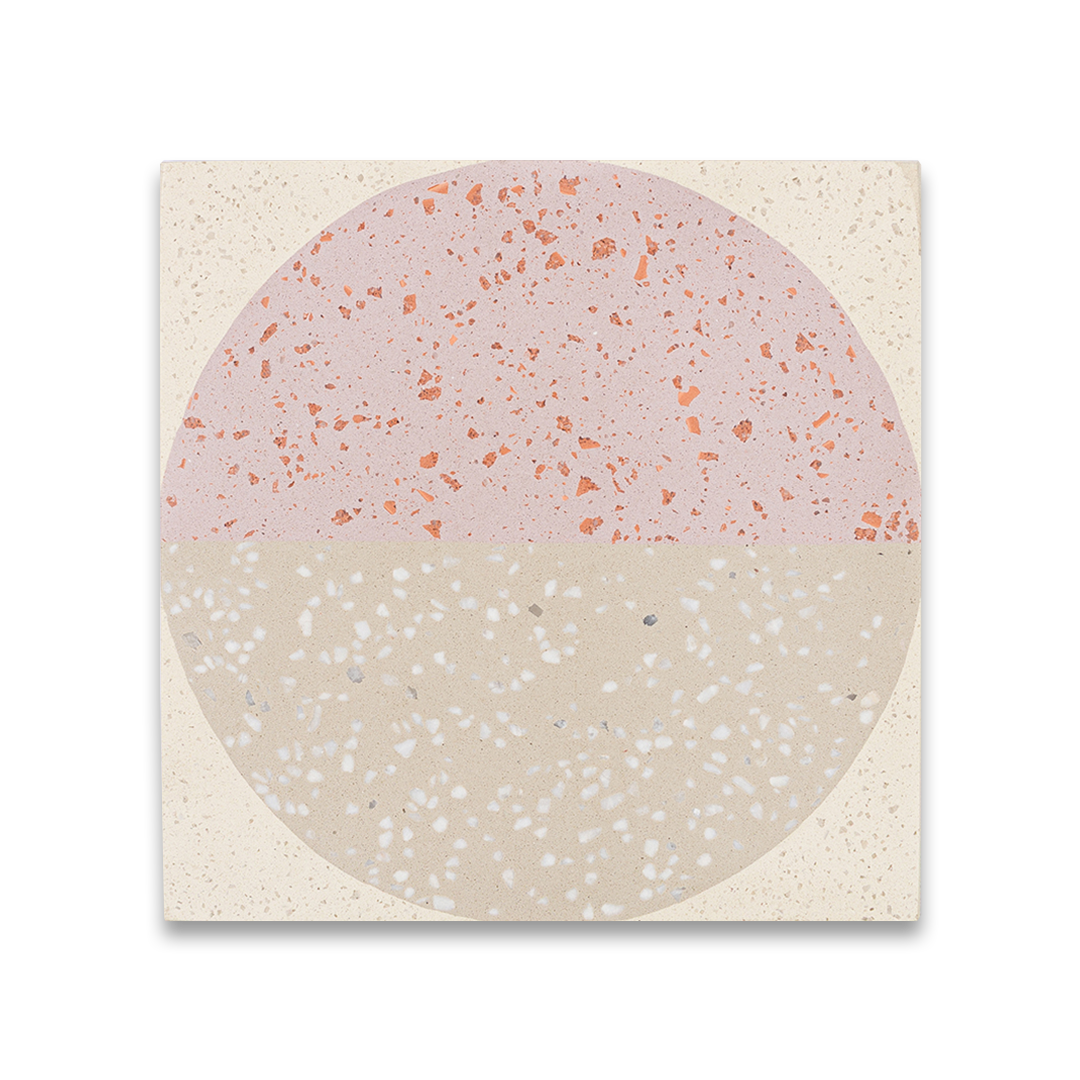 Square cement tile design featuring a terrazzo-style circular pattern in blush pink and beige tones with speckled texture, ideal for modern flooring, wall cladding, or contemporary interior decor.