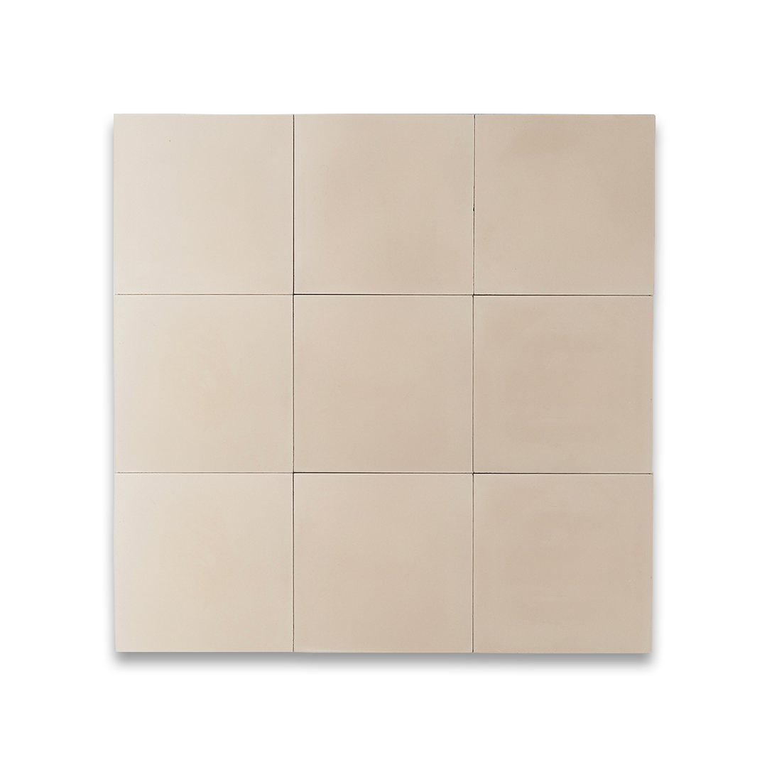 A grid of nine square beige tiles with a smooth matte finish, ideal for minimalist, modern, or contemporary flooring and wall décor applications.