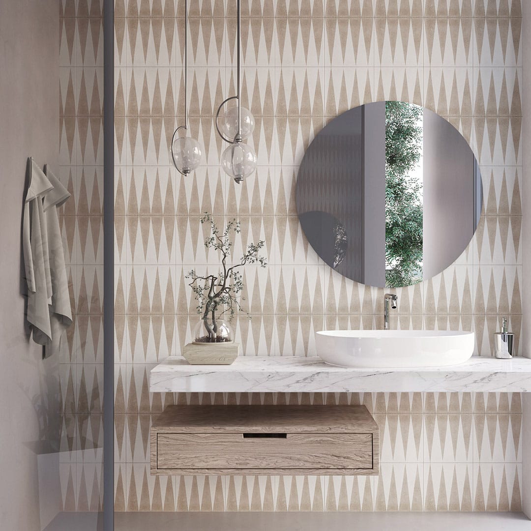 An alternating beige and white elongated triangular patterns forming a geometric zigzag motif, ideal for modern flooring, wall accents, or Scandinavian-inspired interior decor.