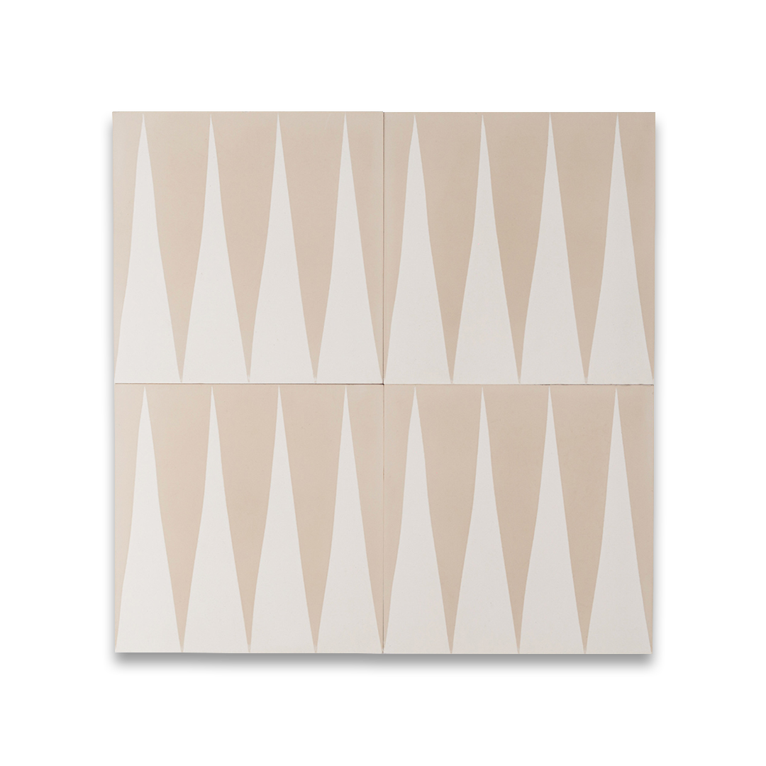An alternating beige and white elongated triangular patterns forming a geometric zigzag motif, ideal for modern flooring, wall accents, or Scandinavian-inspired interior decor.