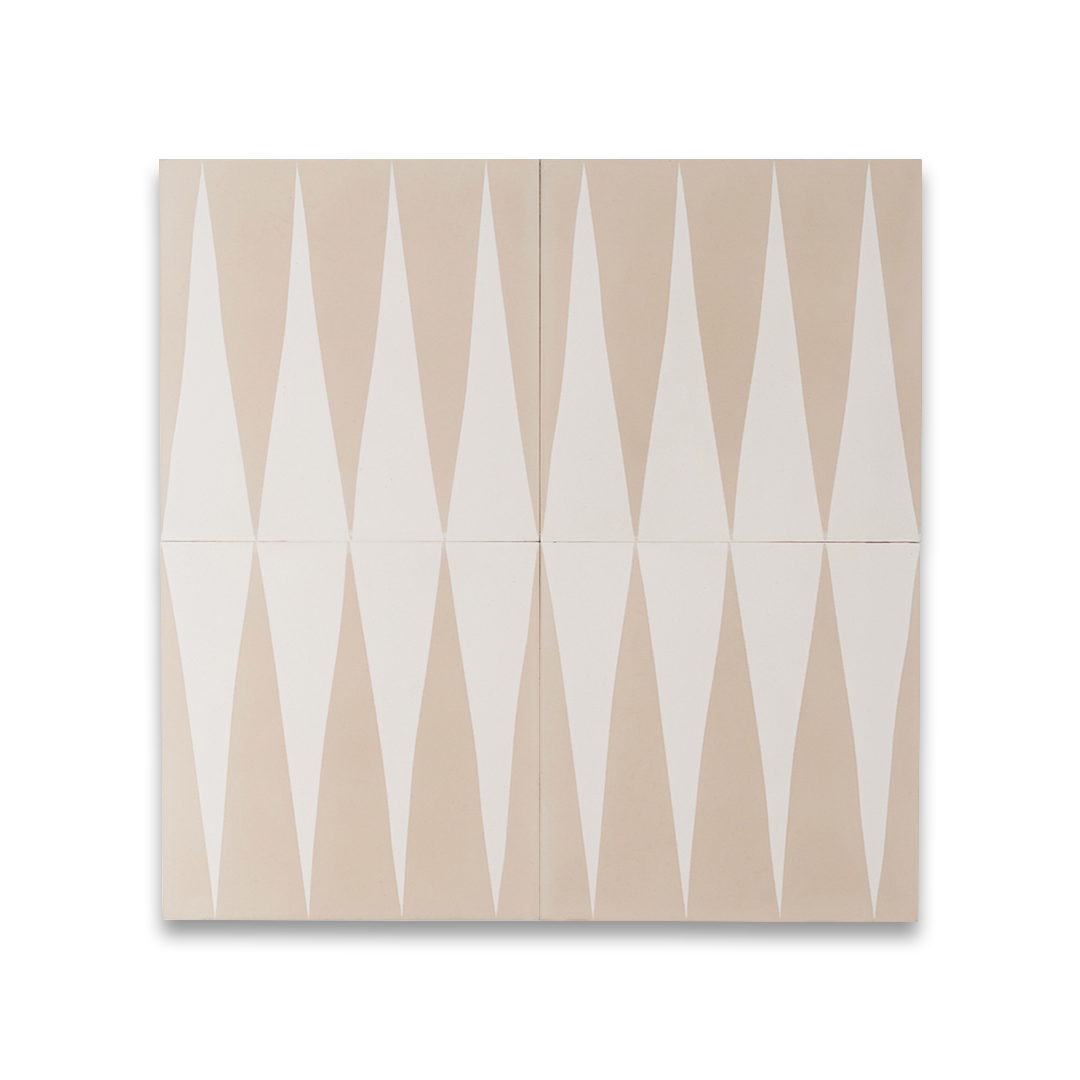 An alternating beige and white elongated triangular patterns forming a geometric zigzag motif, ideal for modern flooring, wall accents, or Scandinavian-inspired interior decor.