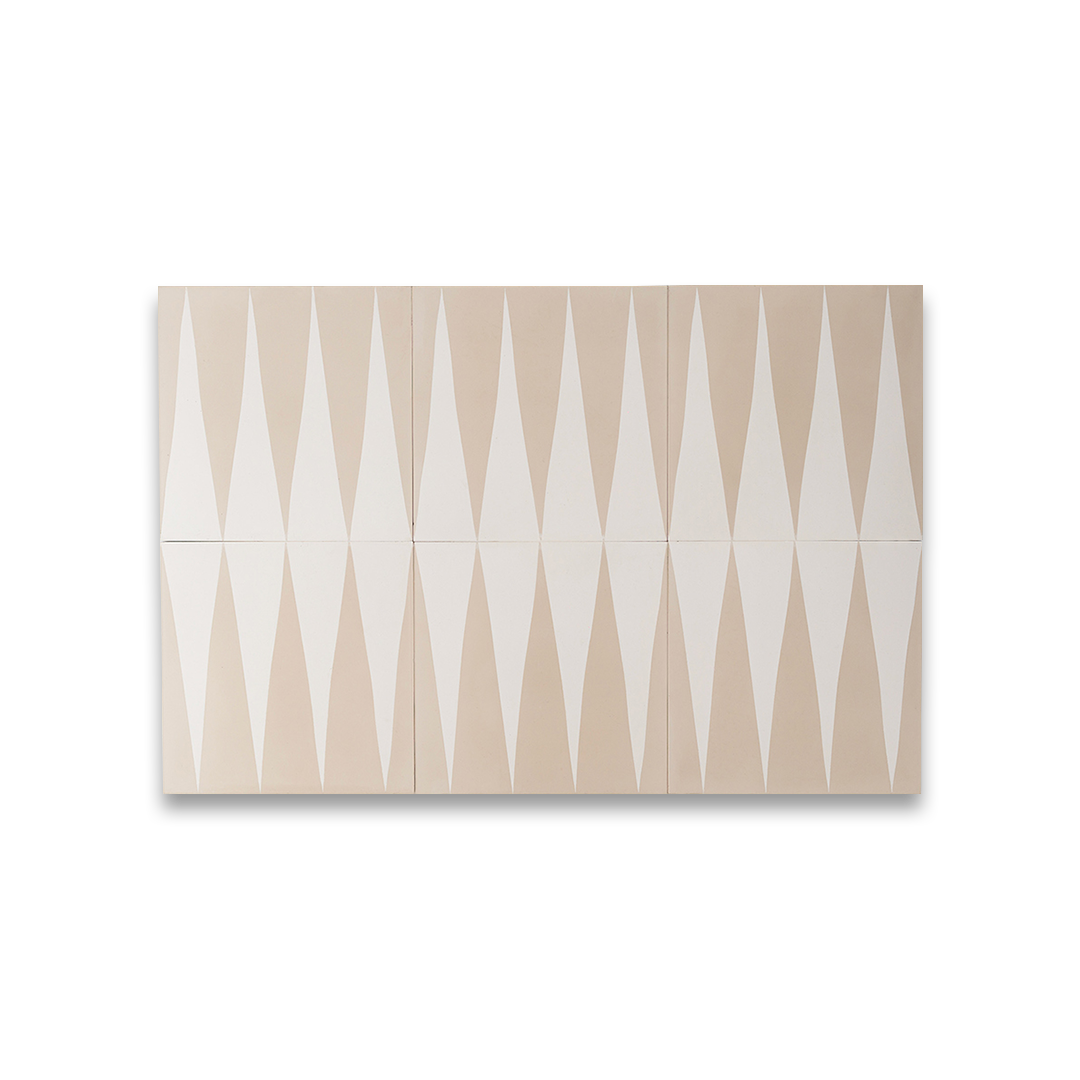An alternating beige and white elongated triangular patterns forming a geometric zigzag motif, ideal for modern flooring, wall accents, or Scandinavian-inspired interior decor.
