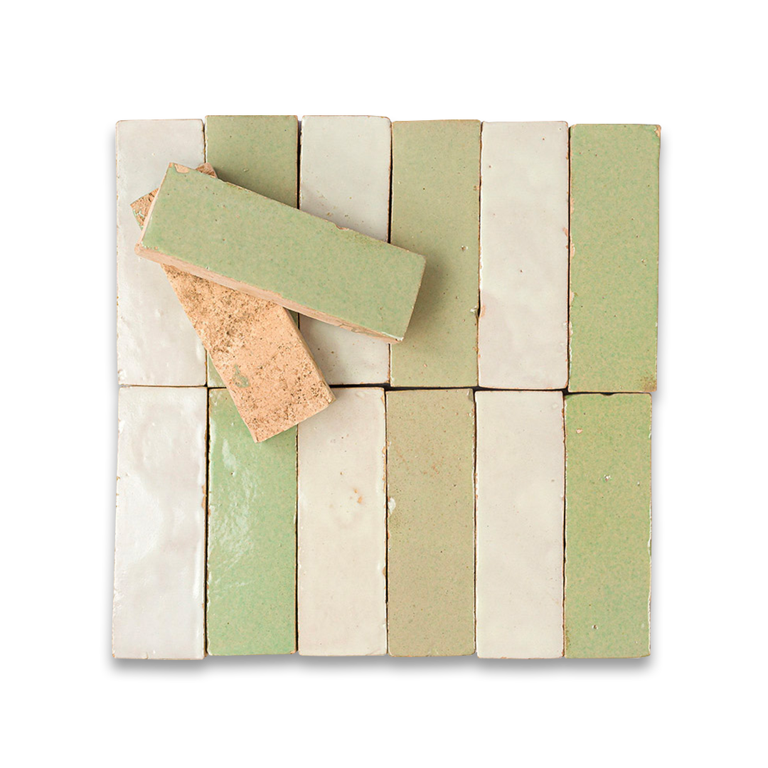 Set of ceramic tiles with green and beige colors on a white background
