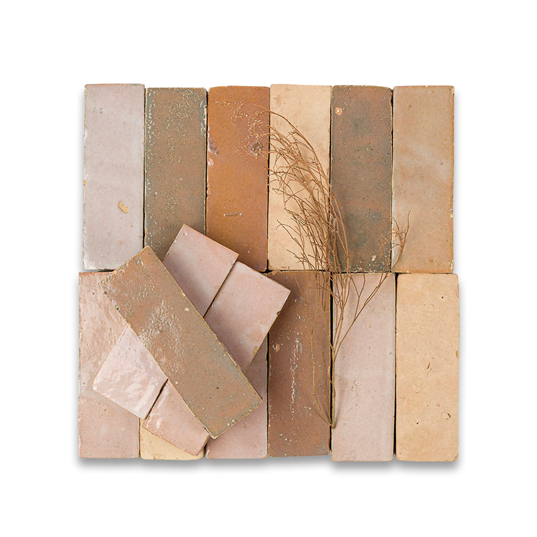 Decorative wall art with rectangular tiles in earthy tones on a white background