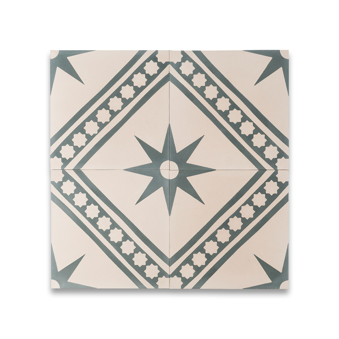 Starline Diagonal cement tile featuring a cream base with dark grey geometric star motifs and diagonal stripe accents, ideal for Mediterranean interiors, patterned flooring, and decorative wall applications.
