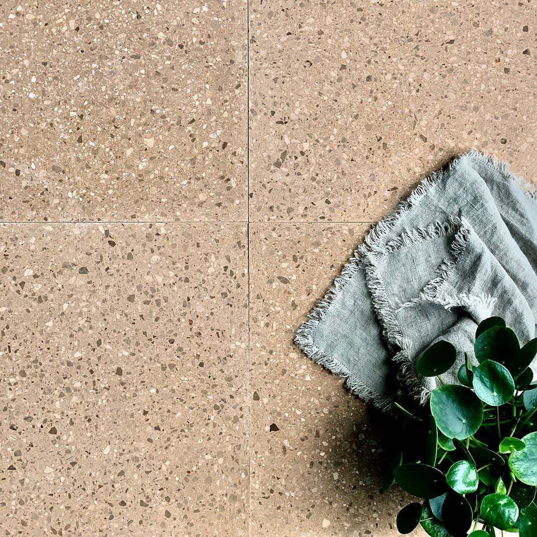 Warm beige terrazzo tile floor with small stone chips, styled with a folded linen cloth and green plant in the corner.