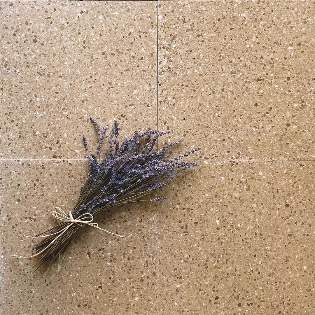Warm beige terrazzo tile floor with small stone chips, styled with flowers in the corner.
