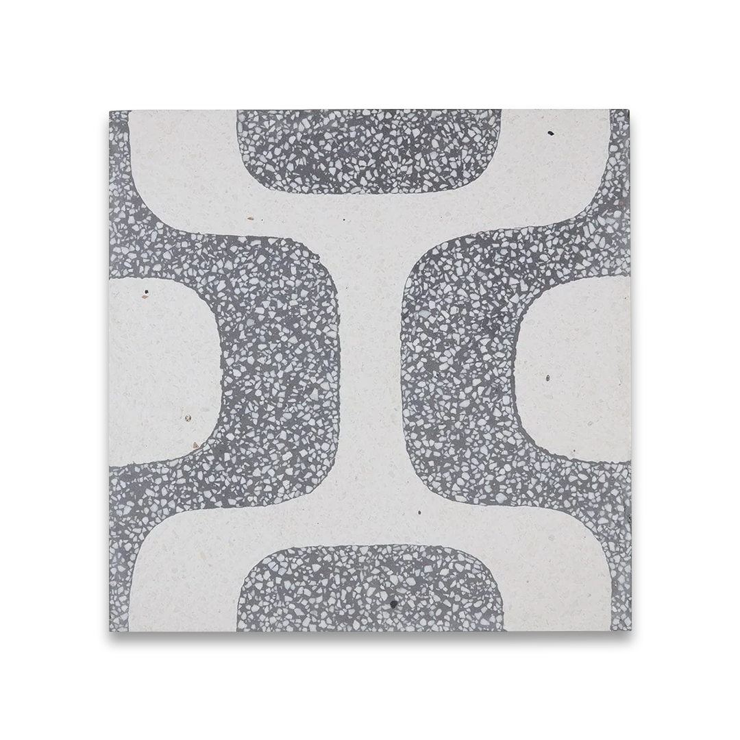 A square cement tile featuring a white background with curved gray terrazzo patterns forming abstract geometric shapes, creating a modern, retro-inspired, and textured decorative design.