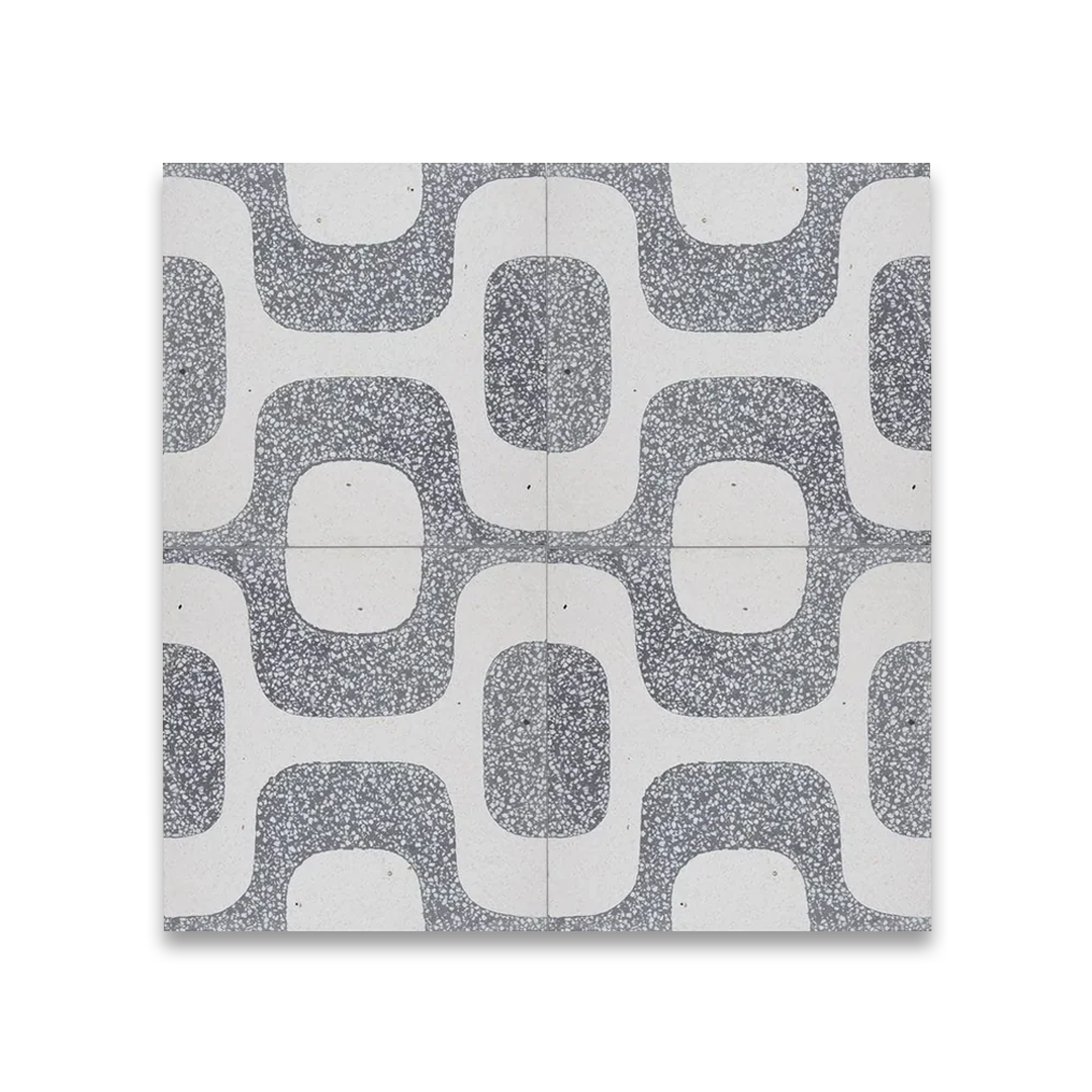 A square cement tile featuring a white background with curved gray terrazzo patterns forming abstract geometric shapes, creating a modern, retro-inspired, and textured decorative design.