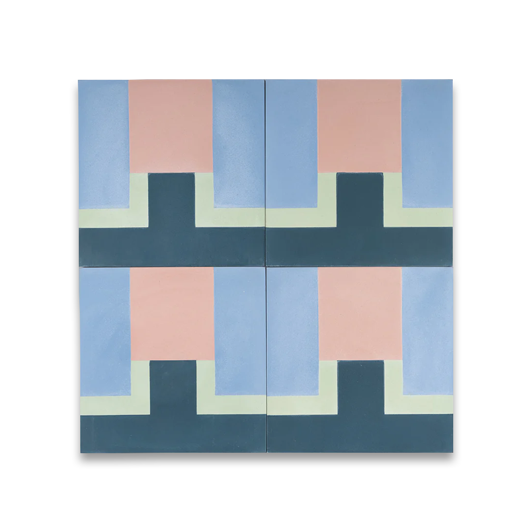 Geometric pattern with blue and pink tiles on a white background