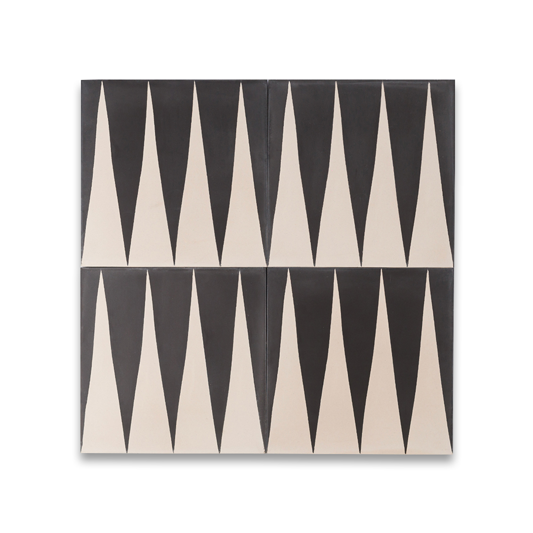 Black and beige geometric patterned tile on a white background