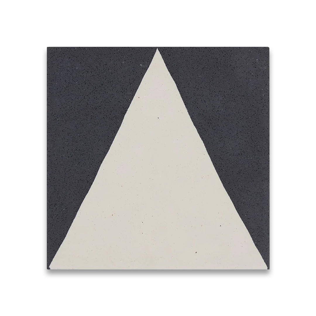 Monochrome Peak cement tile featuring a bold black triangular border framing a cream center, ideal for modern interiors, geometric flooring, and accent wall applications in contemporary spaces.