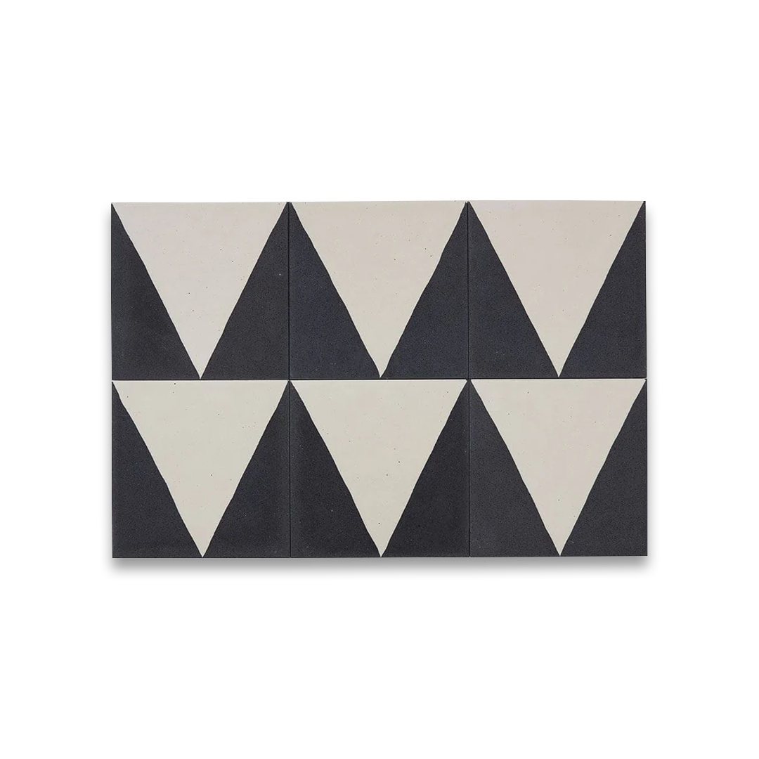 Monochrome Peak cement tile featuring a bold black triangular border framing a cream center, ideal for modern interiors, geometric flooring, and accent wall applications in contemporary spaces.