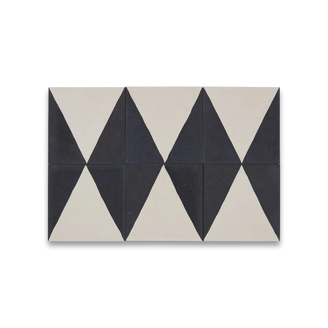 Monochrome Peak cement tile featuring a bold black triangular border framing a cream center, ideal for modern interiors, geometric flooring, and accent wall applications in contemporary spaces.