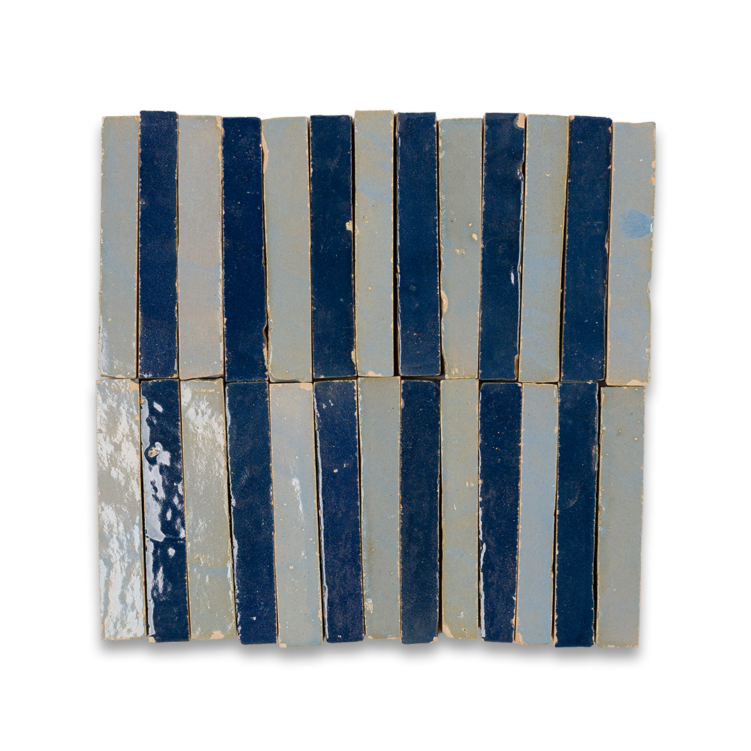 Mosaic tile with blue and gray stripes on a white background
