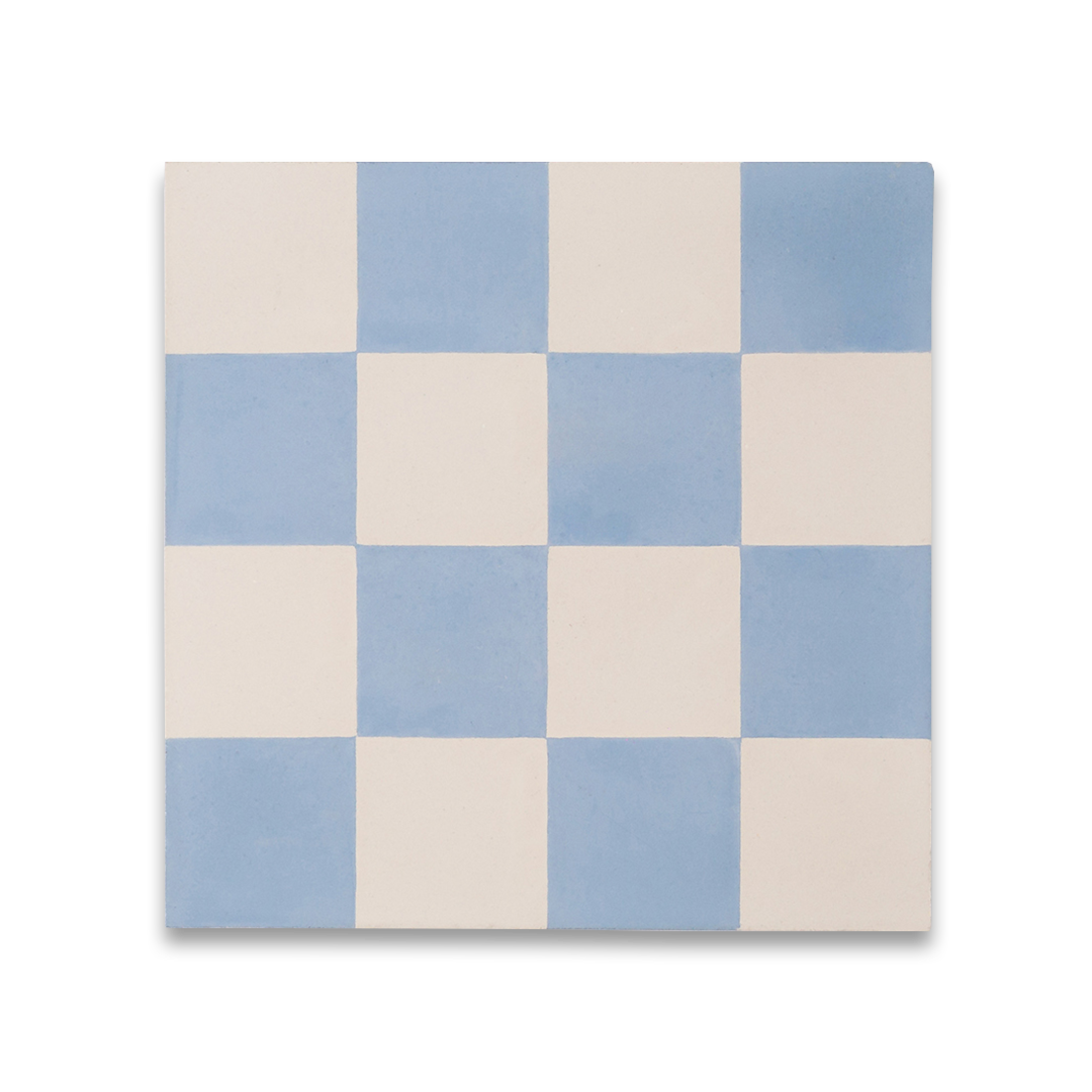 Square blue and white metro cement tile featuring a classic checkerboard pattern with a smooth matte finish, ideal for vintage flooring, wall décor, and modern interior design applications.