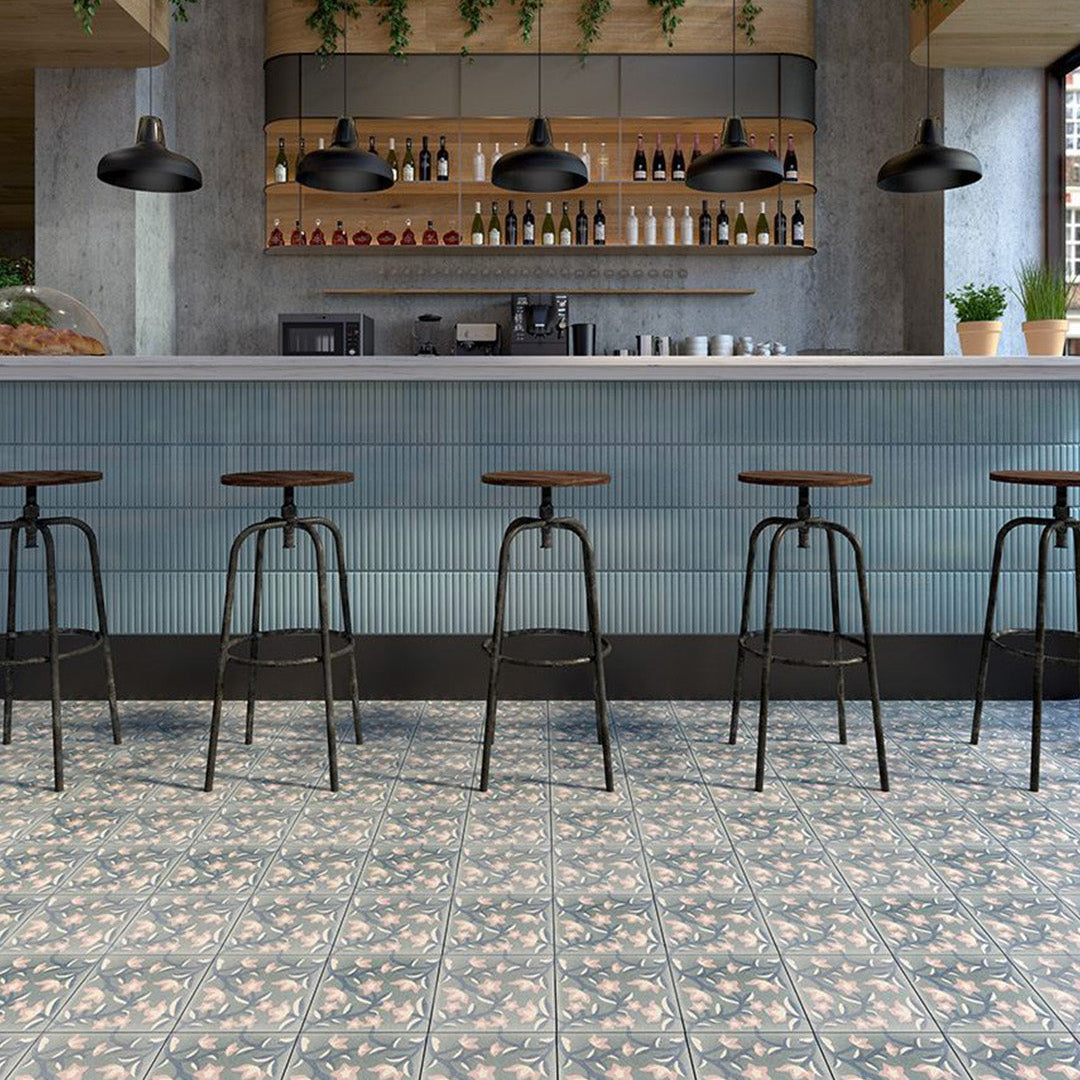 Modern bar interior with stools and a tiled floor