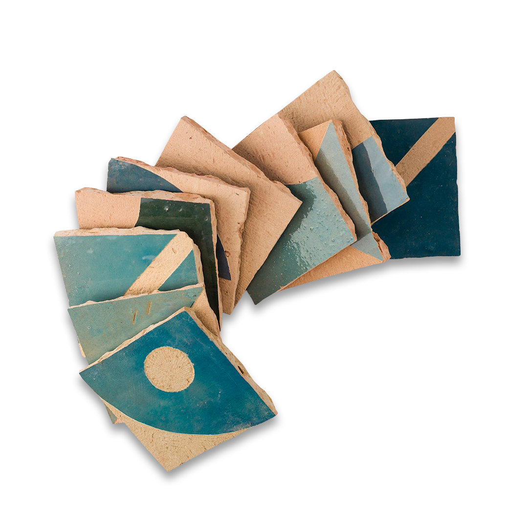 Set of geometrically shaped coasters with earthy tones on a white background