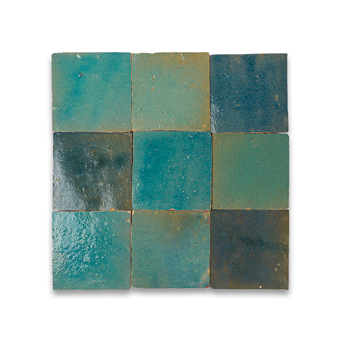 Square tile mosaic with teal and green hues on a white background