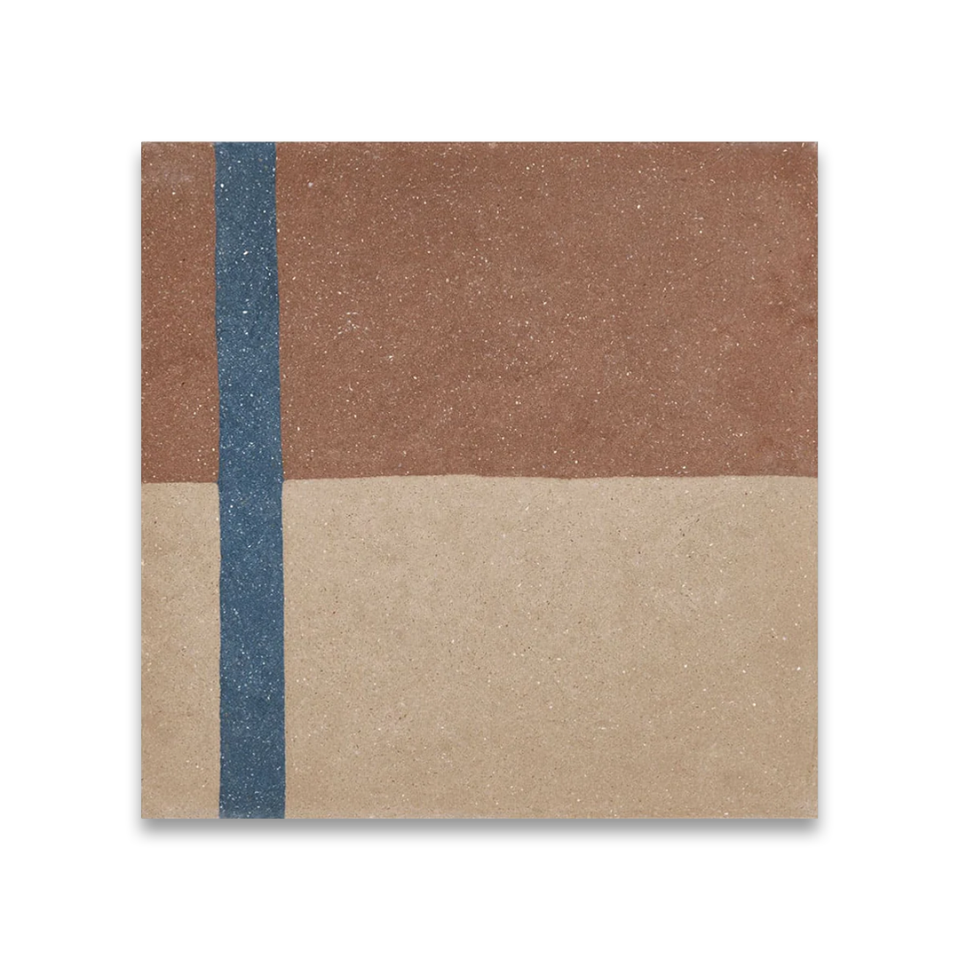 A geometric pattern with terracotta brown, beige, and a vertical blue stripe, ideal for modern flooring, wall accents, or minimalist interior decor.