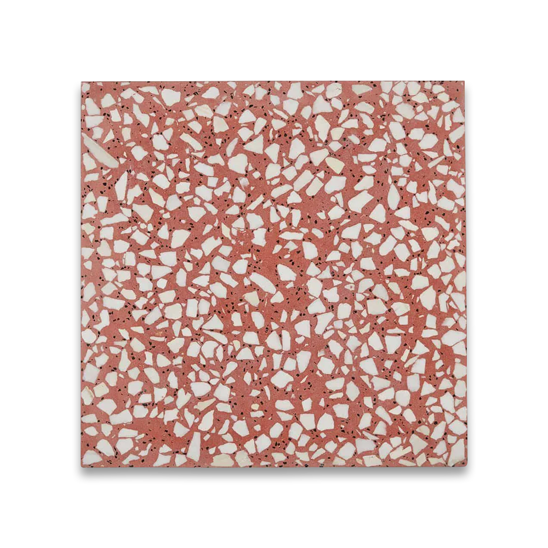 Square tile with pink and white terrazzo pattern on a white background