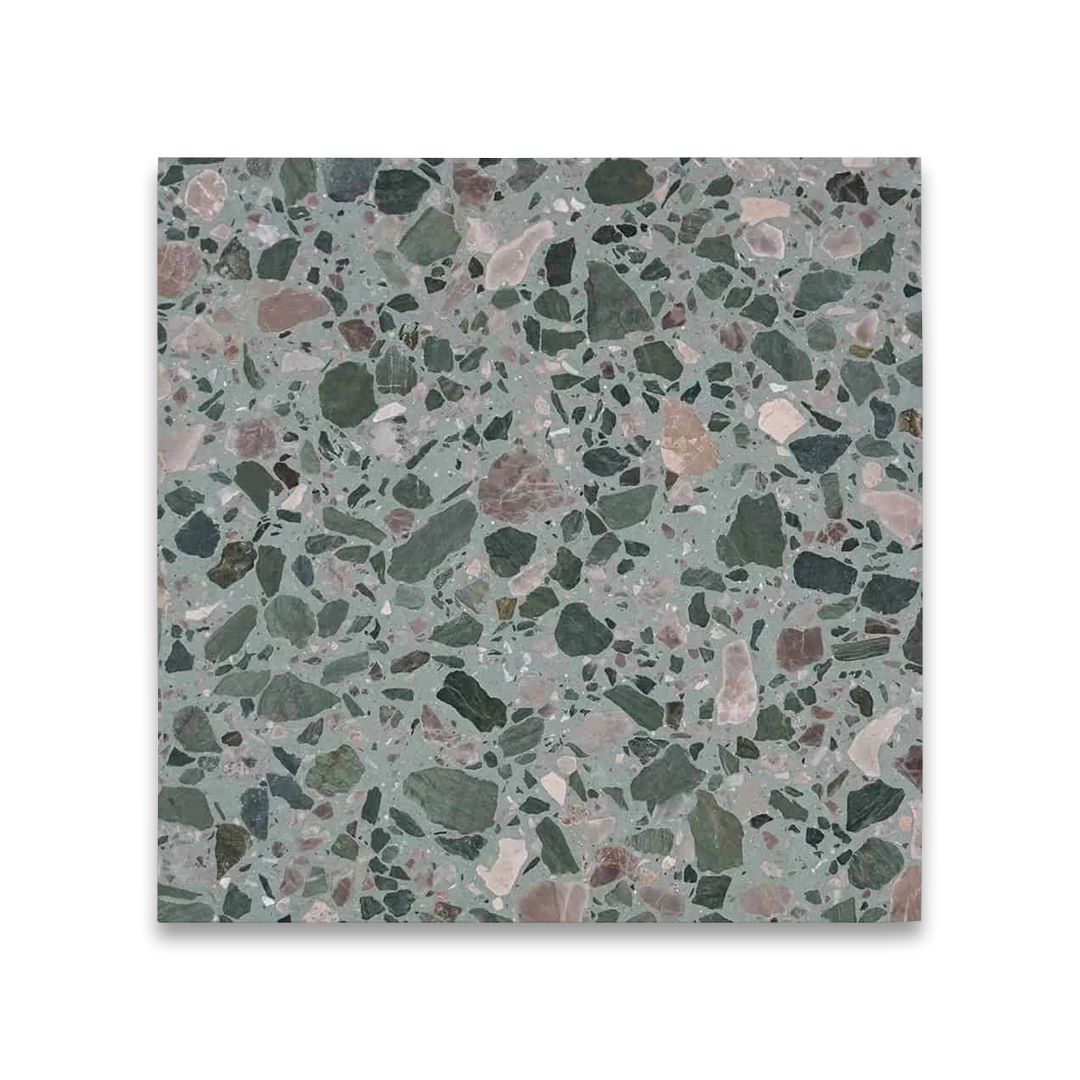 Terrazzo patterned tile with a mix of green, brown, and gray colors.
