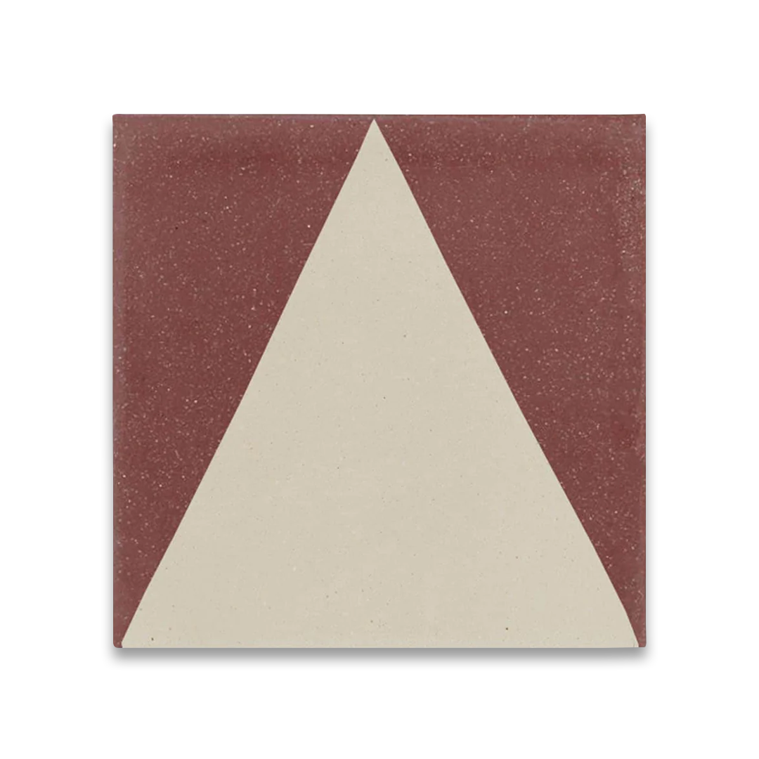 Square burgundy cement tile design featuring a geometric triangle pattern in burgundy and off-white tones with a matte finish, ideal for modern, minimalist, or Mediterranean-style interiors.