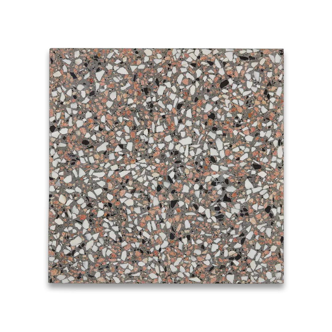 Gray terrazzo tile flooring with multicolor stone chips.