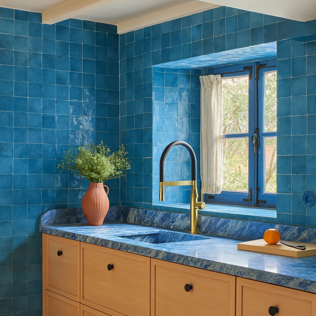 Kitchen with blue tiled walls, wooden cabinets, and a window.
