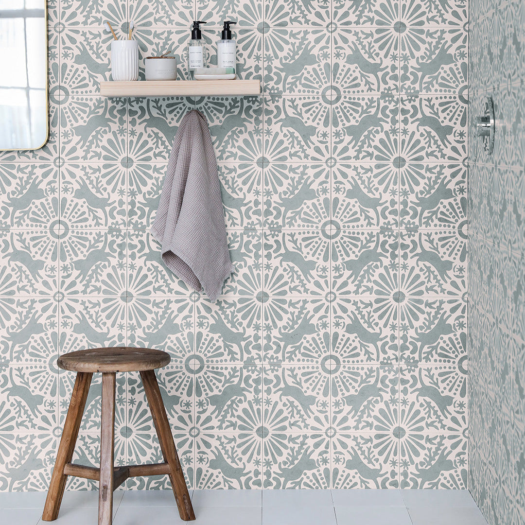 Bathroom with patterned wallpaper, wooden stool, and towel.