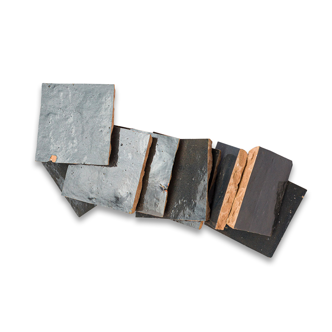 Set of stone coasters with a wooden band on a white background