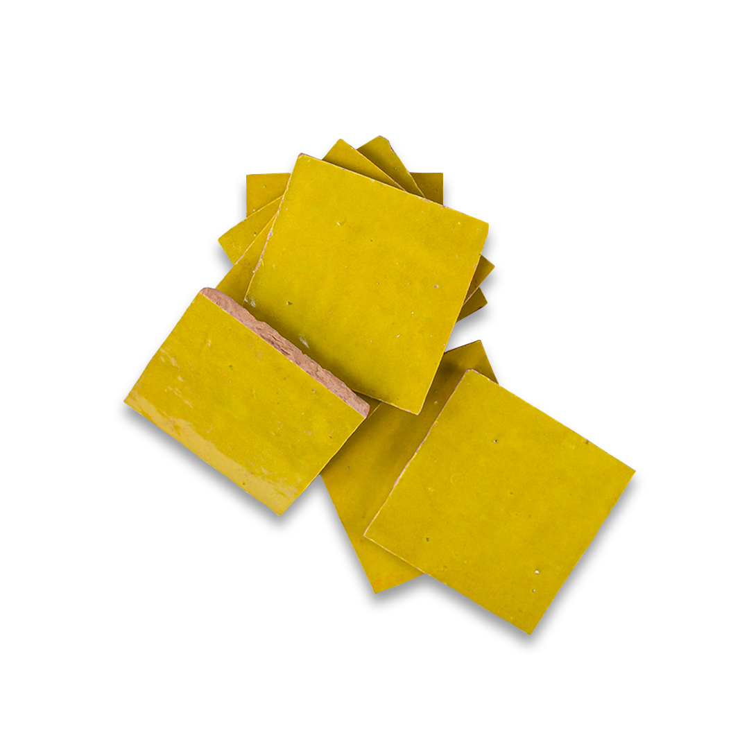Yellow square tiles with brown edges on a white background