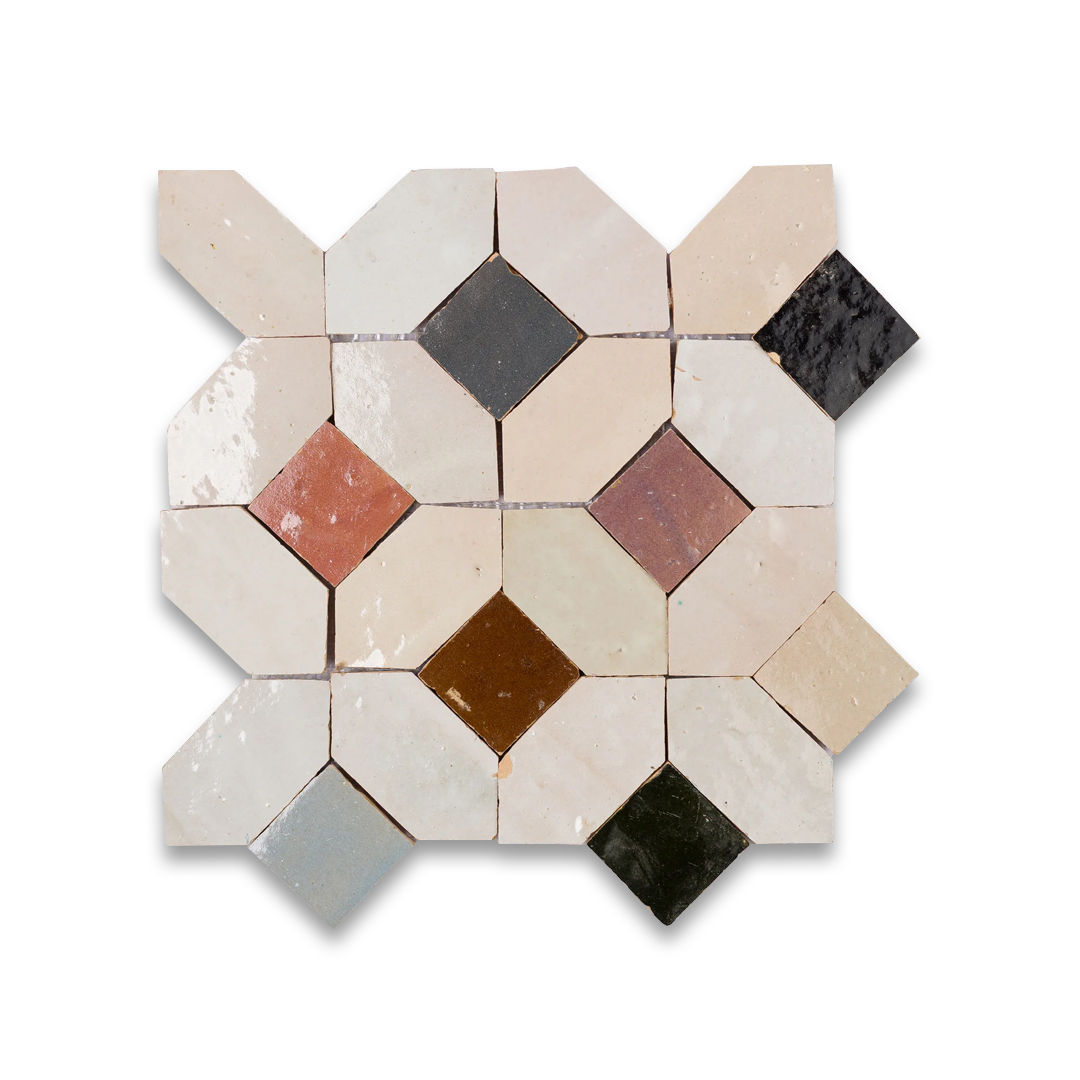 A geometric tile mosaic with beige hexagonal tiles and colored diamond-shaped tiles in black, red, brown, and gray.