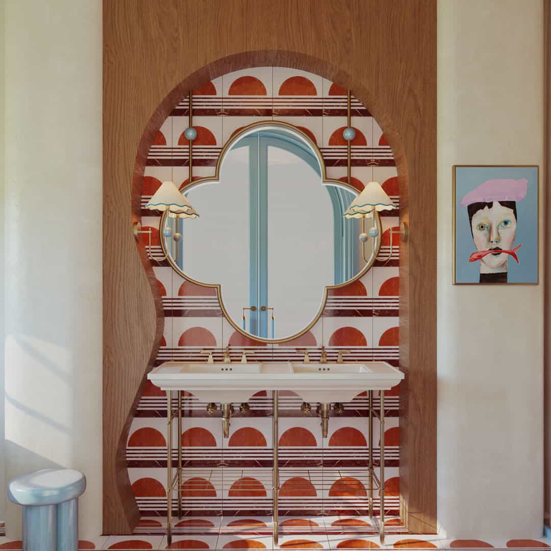A bathroom featuring a mirror above a sink, with neutral-colored walls and a clean, organized appearance.