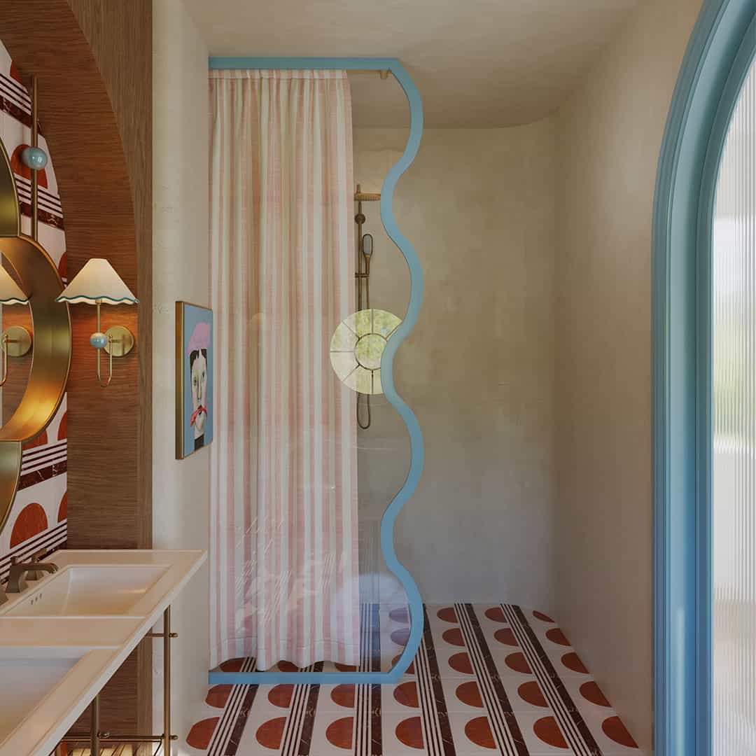A bathroom featuring a mirror above a sink, with neutral-colored walls and a clean, organized appearance.
