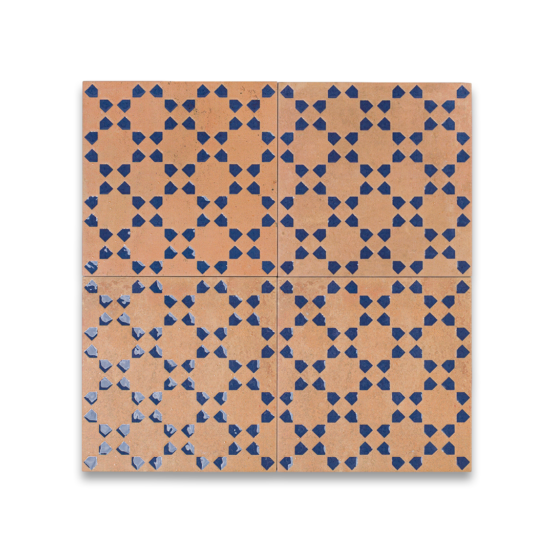 Four square tiles with a geometric pattern on a beige background