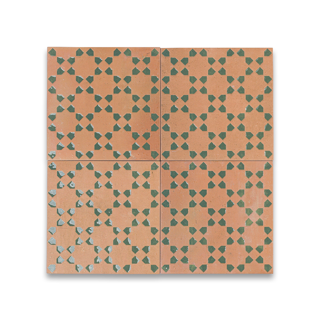 Set of four square tiles with a geometric pattern on a white background