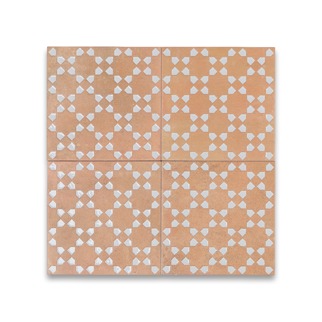 Patterned tiles with a geometric design on a beige background