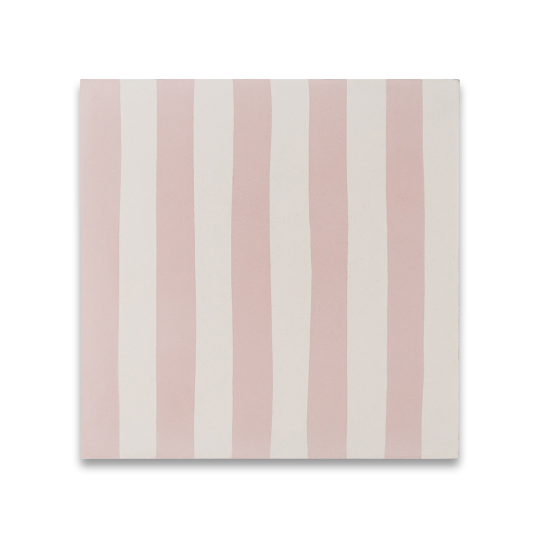 Square cement tile design featuring alternating blush pink and white vertical stripes with a smooth matte finish, ideal for modern flooring, wall cladding, or contemporary interior decor.