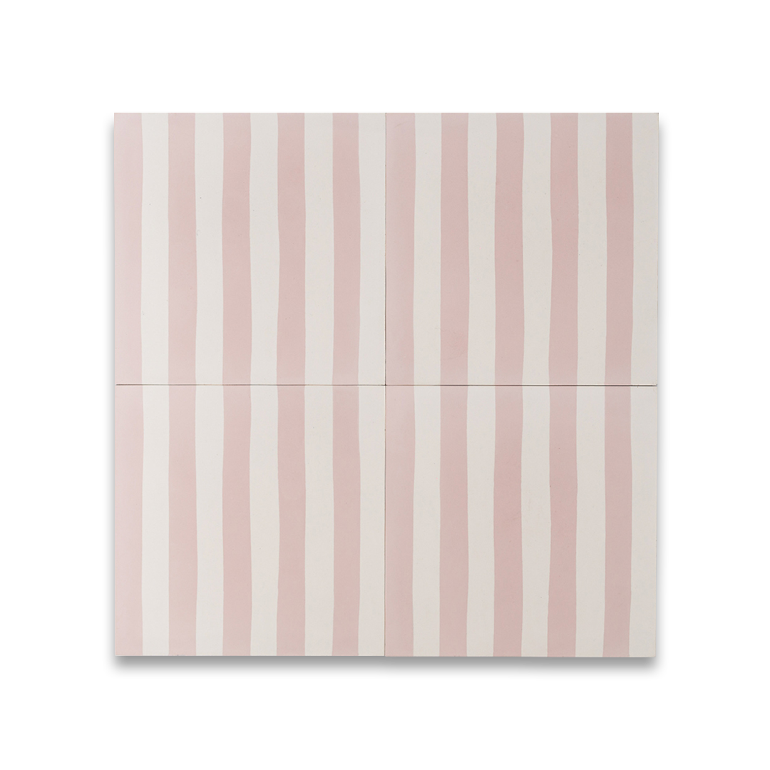 Square cement tile design featuring alternating blush pink and white vertical stripes with a smooth matte finish, ideal for modern flooring, wall cladding, or contemporary interior decor.
