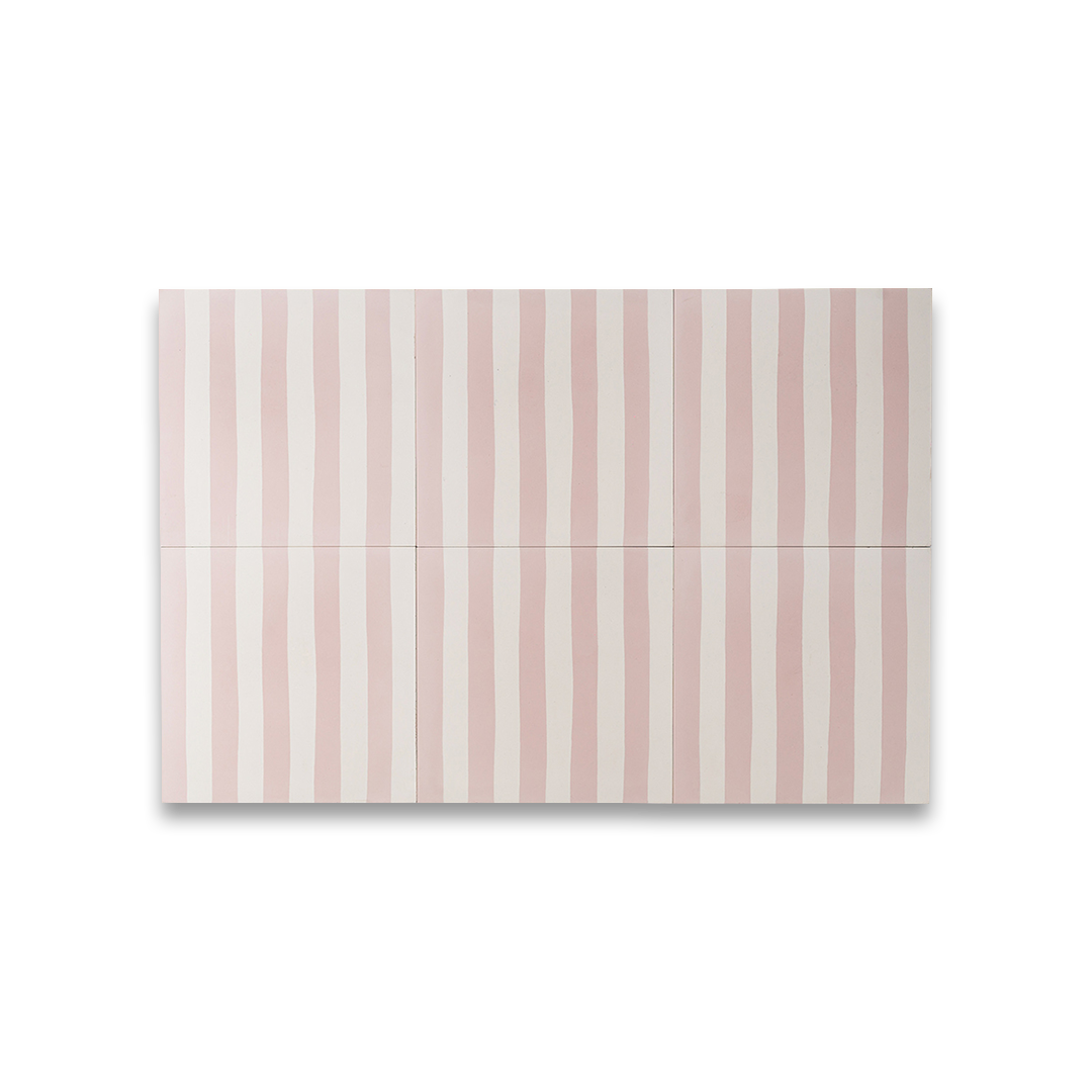 Square cement tile design featuring alternating blush pink and white vertical stripes with a smooth matte finish, ideal for modern flooring, wall cladding, or contemporary interior decor.