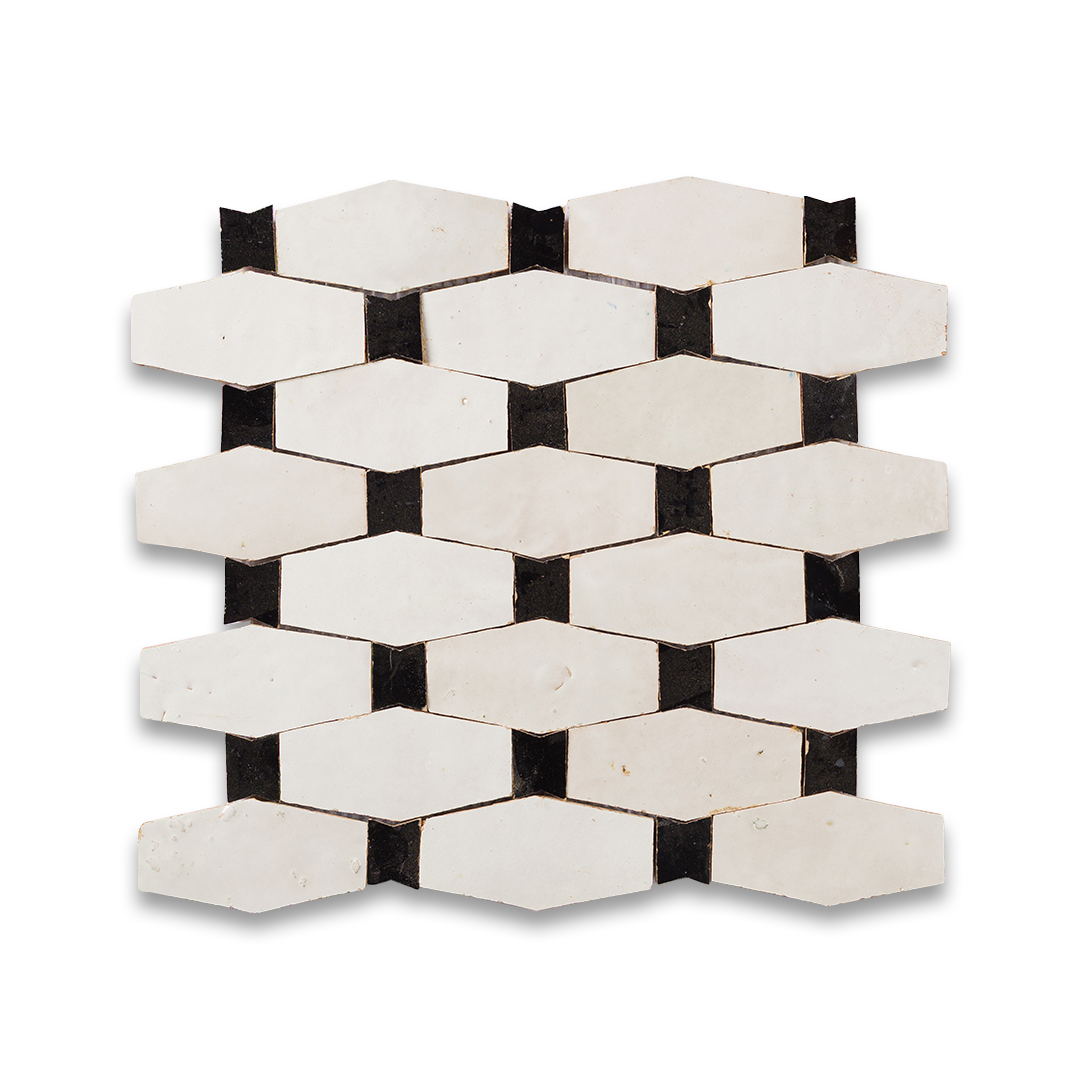 Geometric pattern of white elongated hexagonal tiles in staggered layout with black grout lines on transparent background.