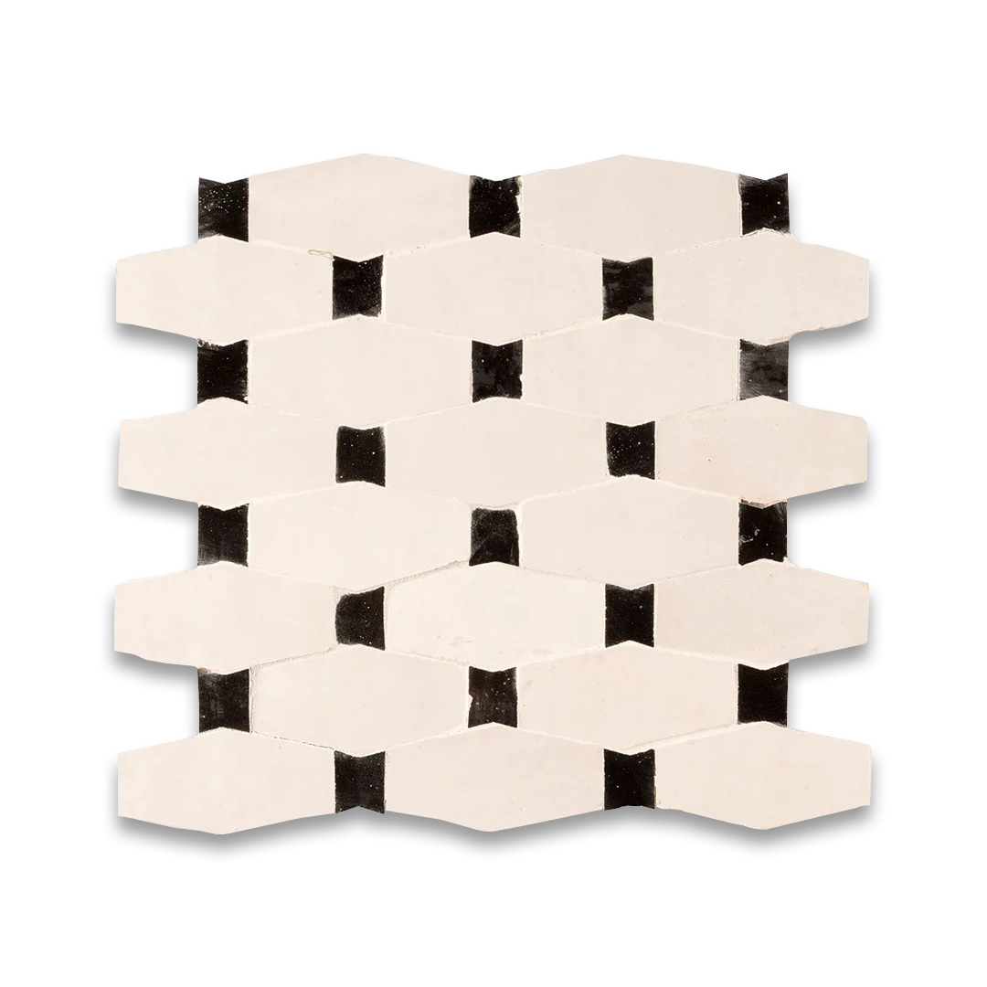 Hexagonal tiles with a black and white pattern on a white background