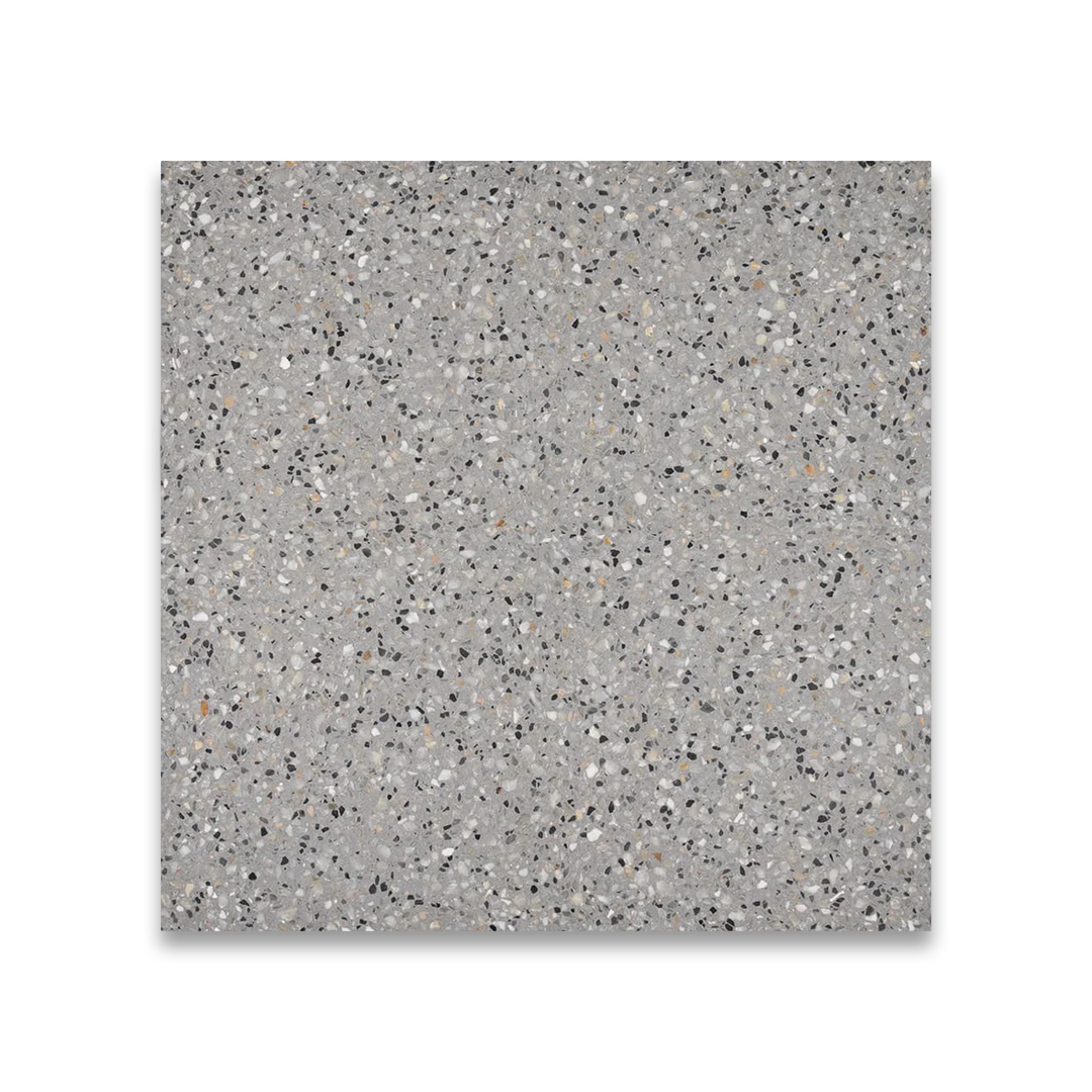 Gray terrazzo tile flooring with multicolor stone chips.