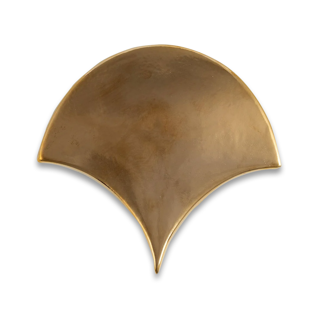 Gold decorative plate with a curved edge on a white background