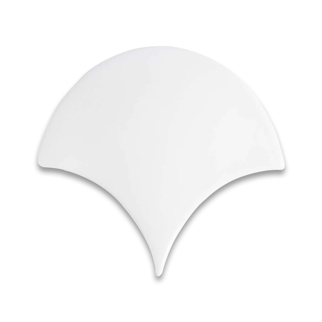 White fan-shaped tile with a curved top edge and pointed bottom.