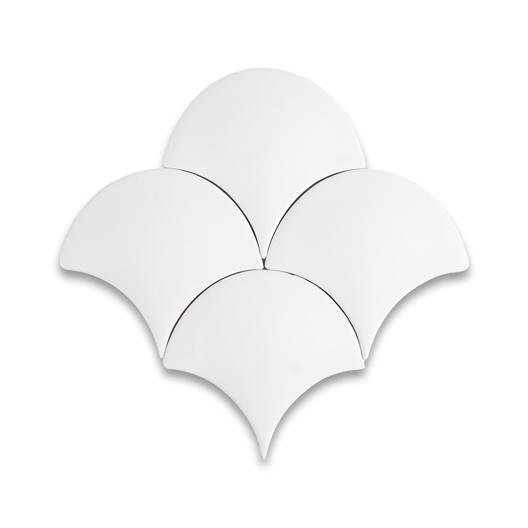 White fan-shaped tile with a curved top edge and pointed bottom, isolated on a transparent background.