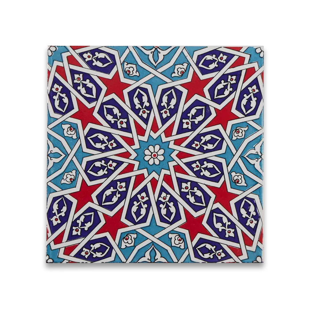 Decorative pillow with a geometric pattern in red, blue, and white on a white background