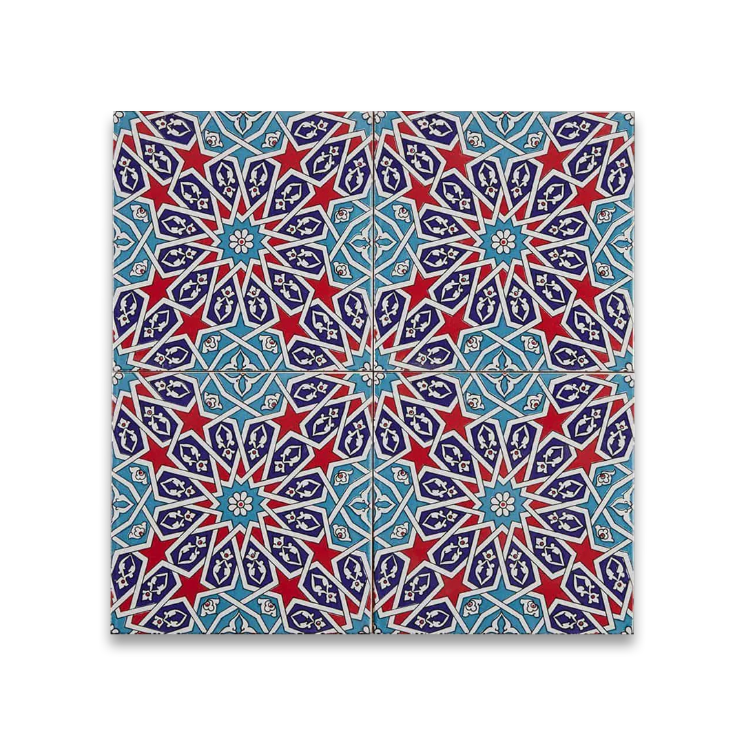 Patterned fabric with blue, red, and white geometric design on a white background